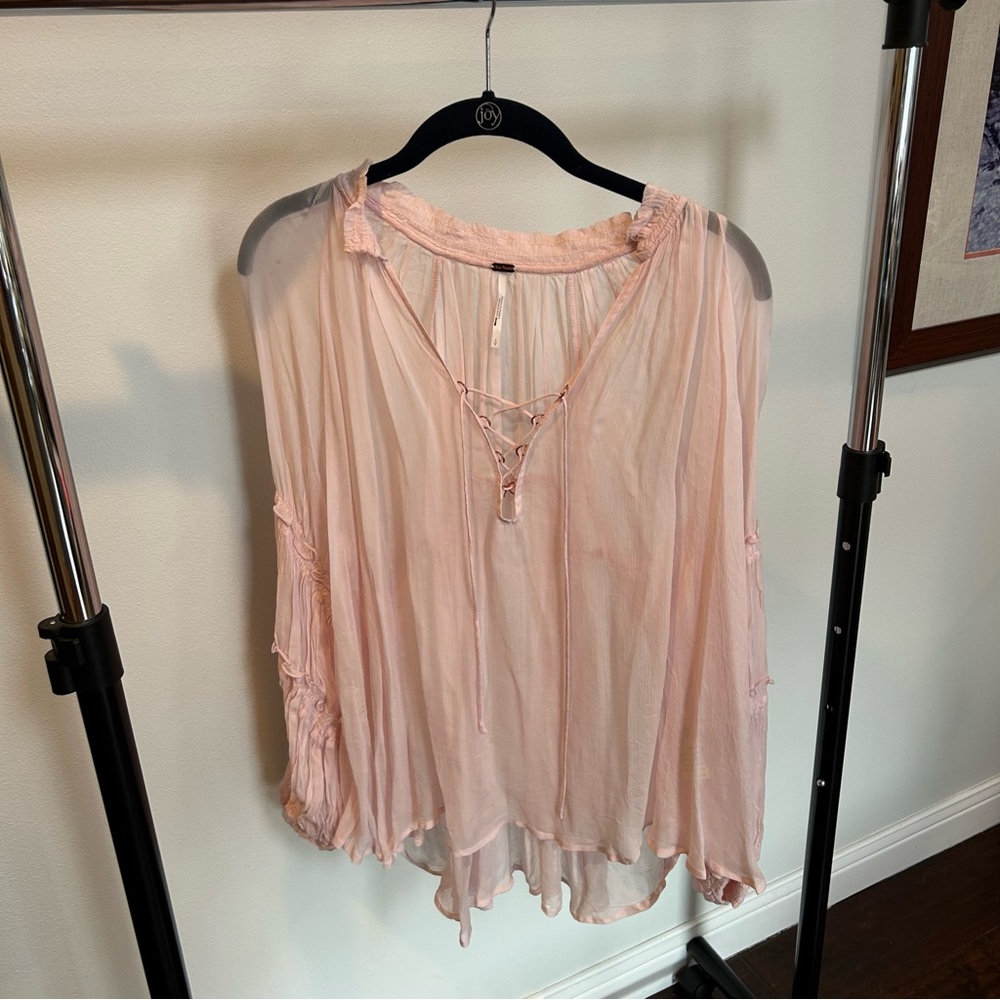 Free People Pink Tie Up Pirate Blouse Billow-y Sleeves